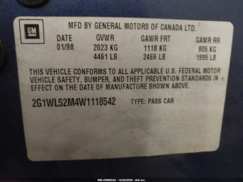 1998 Chevrolet Lumina VIN: 2G1WL52M4W1118542 Lot: 43965342