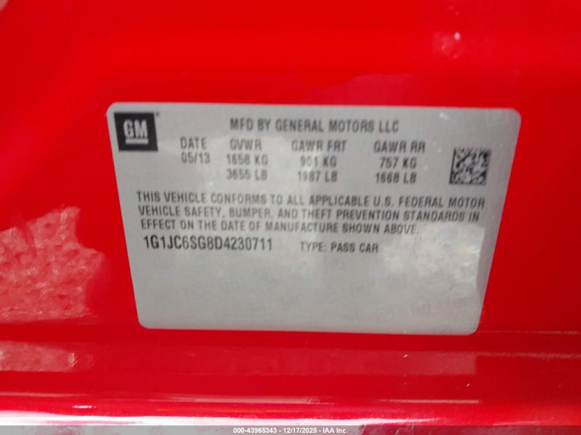 2013 Chevrolet Sonic Lt Auto VIN: 1G1JC6SG8D4230711 Lot: 43965343