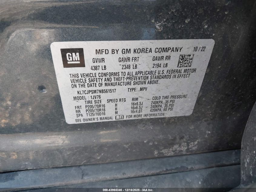 2022 Chevrolet Trax Awd Lt VIN: KL7CJPSM7NB561517 Lot: 43965346