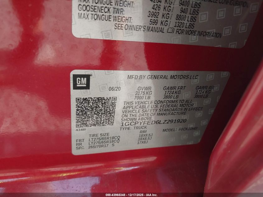 2020 Chevrolet Silverado 1500 4Wd Short Bed Lt Trail Boss VIN: 1GCPYFED6LZ291920 Lot: 43965348