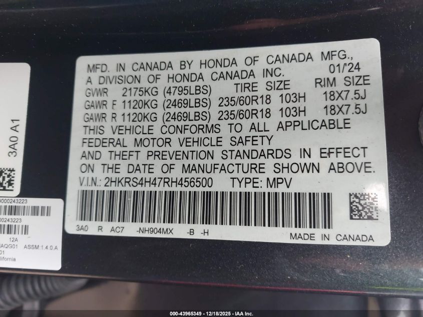 2024 Honda Cr-V Ex Awd VIN: 2HKRS4H47RH456500 Lot: 43965349