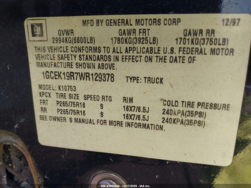 1998 Chevrolet K1500 Fleetside VIN: 1GCEK19R7WR129378 Lot: 43965354