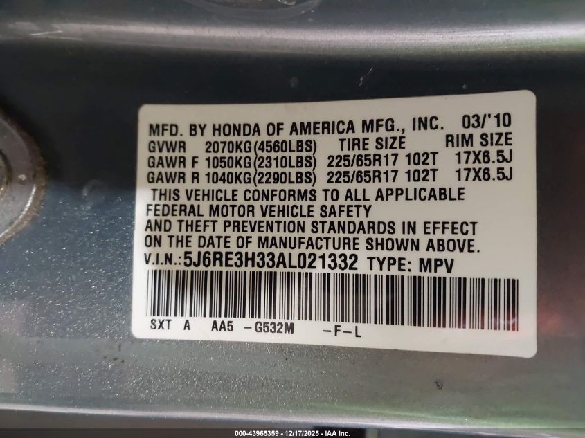 2010 Honda Cr-V Lx VIN: 5J6RE3H33AL021332 Lot: 43965359