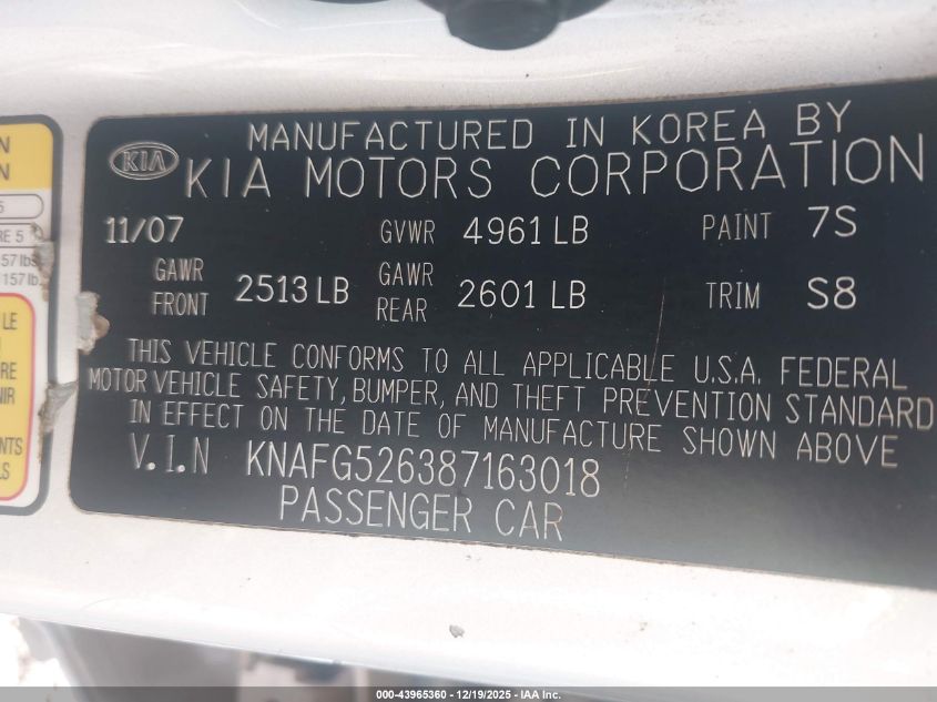 2008 Kia Rondo Ex V6 VIN: KNAFG526387163018 Lot: 43965360