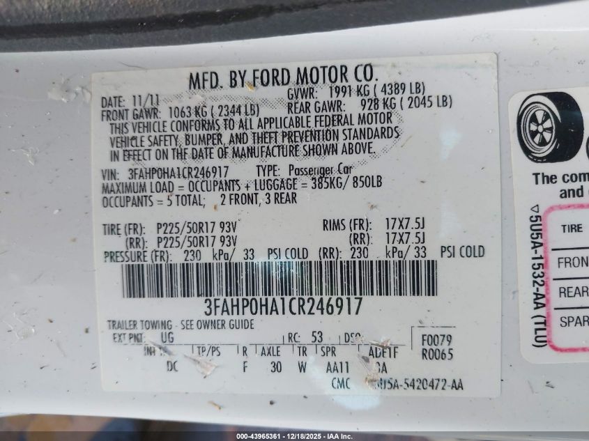 2012 Ford Fusion Se VIN: 3FAHP0HA1CR246917 Lot: 43965361