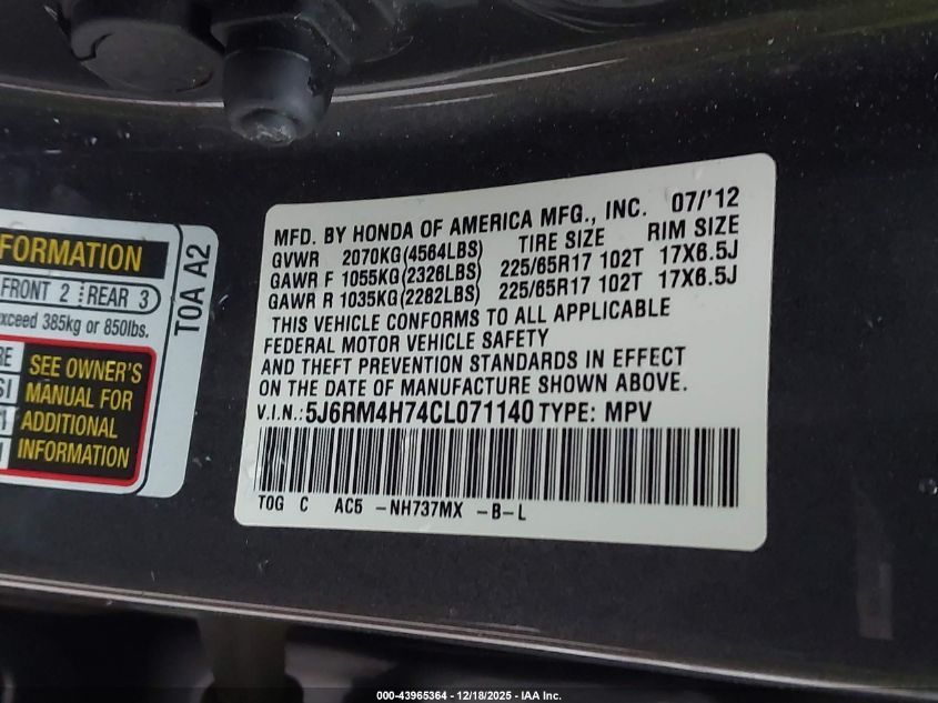 2012 Honda Cr-V Ex-L VIN: 5J6RM4H74CL071140 Lot: 43965364