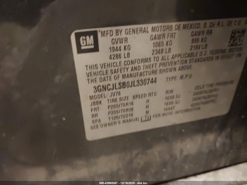 2018 Chevrolet Trax Lt VIN: 3GNCJLSB0JL330744 Lot: 43965367