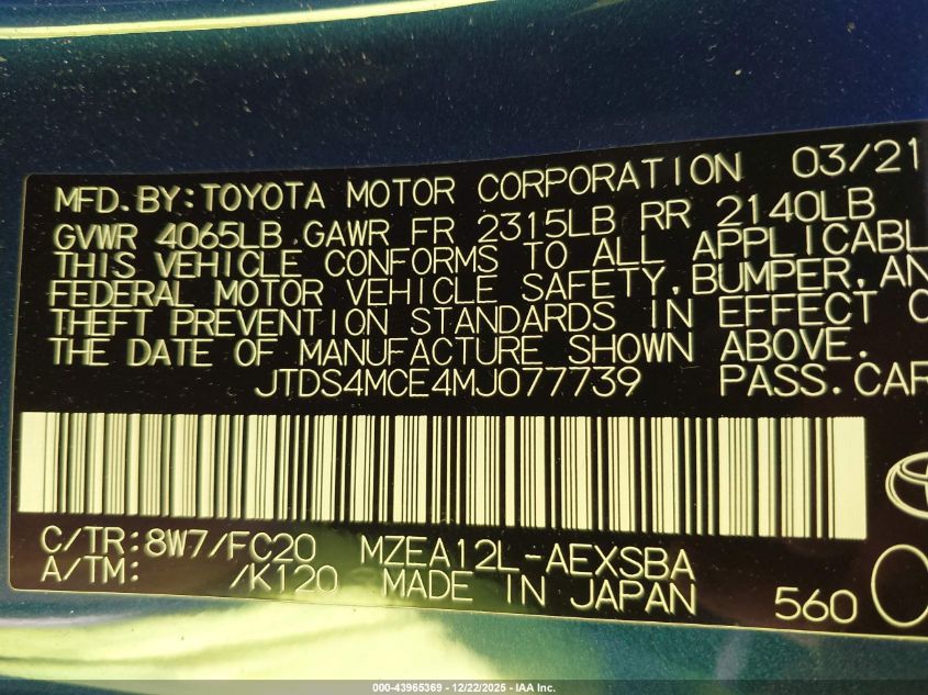 2021 Toyota Corolla Se VIN: JTDS4MCE4MJ077739 Lot: 43965369