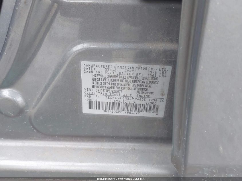 2018 Nissan Sentra S VIN: 3N1AB7AP0JY285277 Lot: 43965370