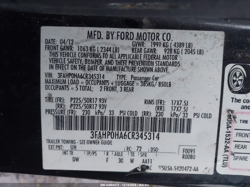2012 Ford Fusion Se VIN: 3FAHP0HA6CR345314 Lot: 43965372