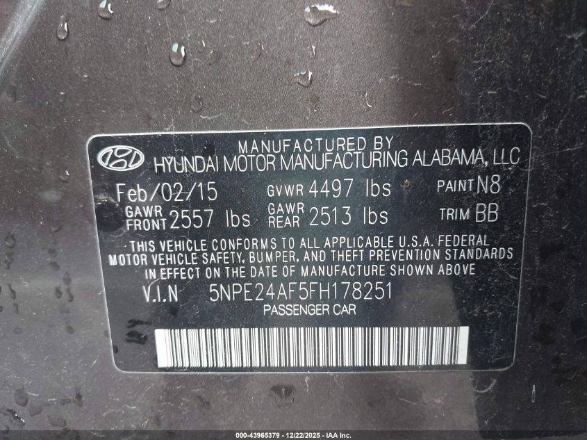 2015 Hyundai Sonata Se VIN: 5NPE24AF5FH178251 Lot: 43965379