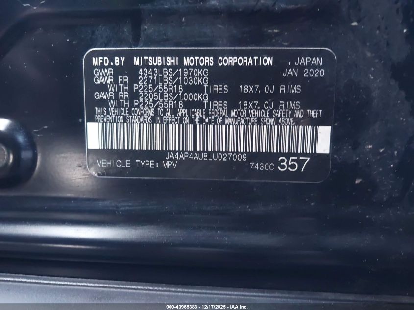 2020 Mitsubishi Outlander Sport 2.0 Se VIN: JA4AP4AU8LU027009 Lot: 43965383