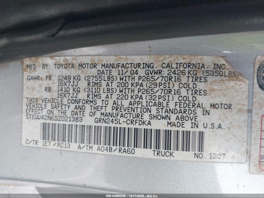 2005 Toyota Tacoma Base V6 VIN: 5TEUU42N65Z021383 Lot: 43965390