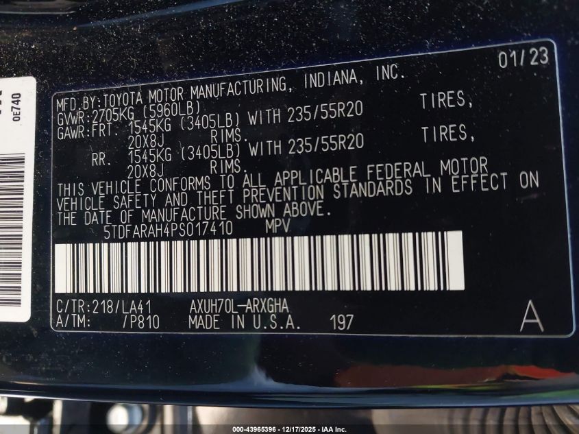 2023 Toyota Highlander Hybrid Platinum VIN: 5TDFARAH4PS017410 Lot: 43965396