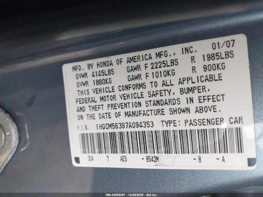 2007 Honda Accord 2.4 Se VIN: 1HGCM56397A094353 Lot: 43965397