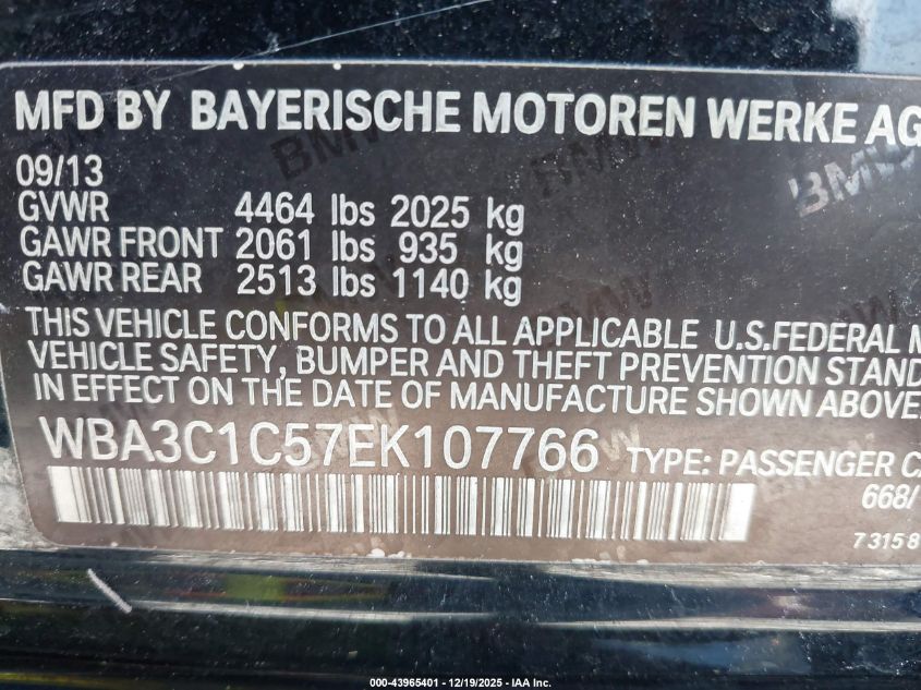 2014 BMW 328I VIN: WBA3C1C57EK107766 Lot: 43965401