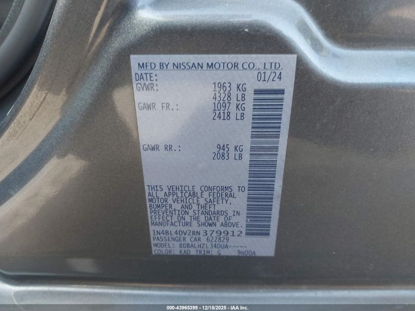 2024 Nissan Altima Sv Fwd VIN: 1N4BL4DV2RN379912 Lot: 43965399