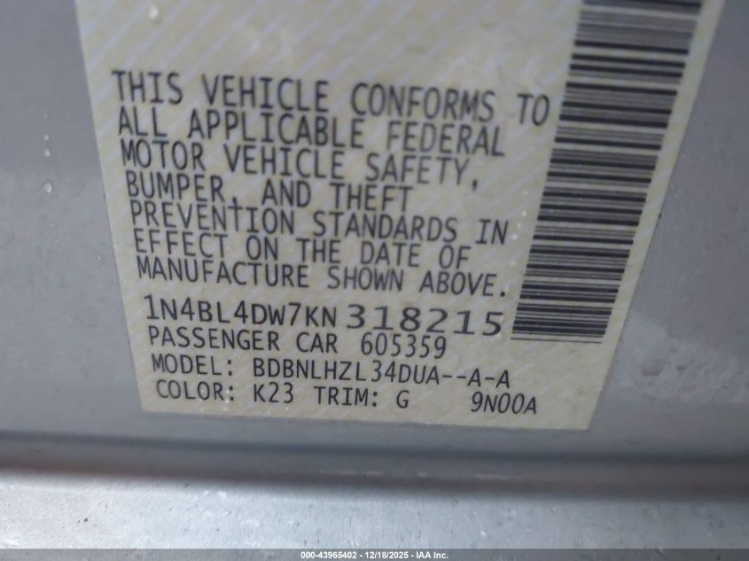 2019 Nissan Altima 2.5 Sv VIN: 1N4BL4DW7KN318215 Lot: 43965402