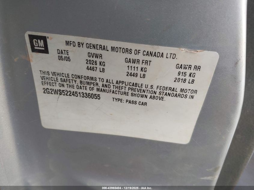 2005 Pontiac Grand Prix Gt VIN: 2G2WS522451336055 Lot: 43965404