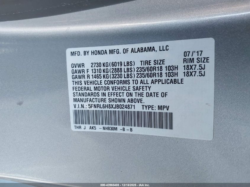 2018 Honda Odyssey Touring VIN: 5FNRL6H8XJB024871 Lot: 43965408