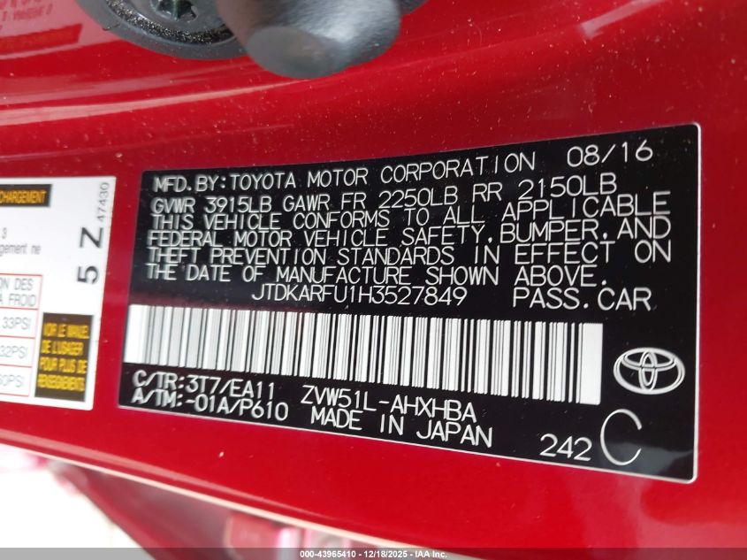 2017 Toyota Prius Three Touring VIN: JTDKARFU1H3527849 Lot: 43965410