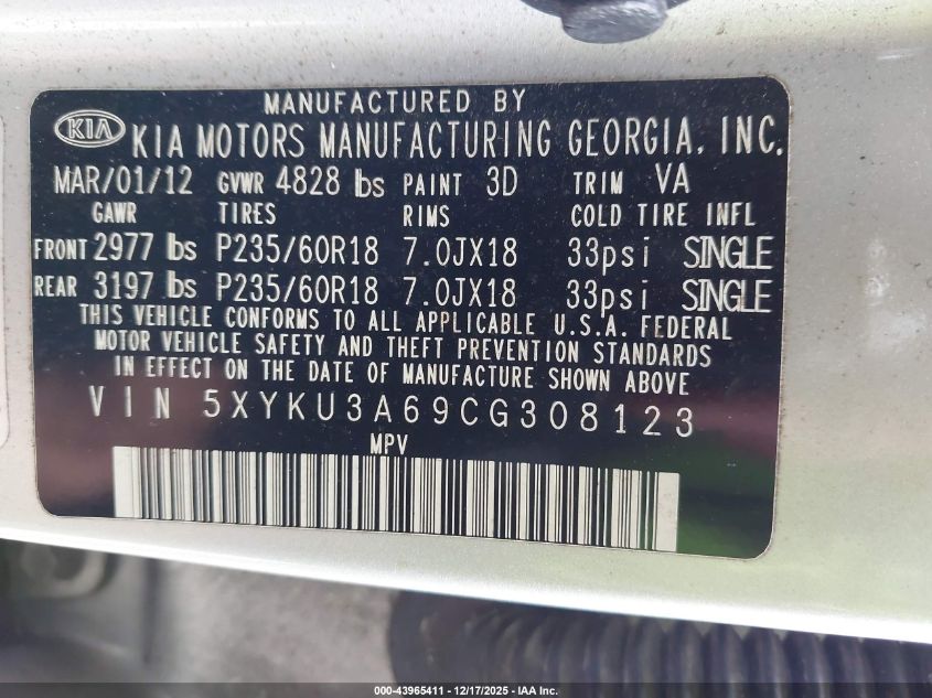 2012 Kia Sorento Ex VIN: 5XYKU3A69CG308123 Lot: 43965411