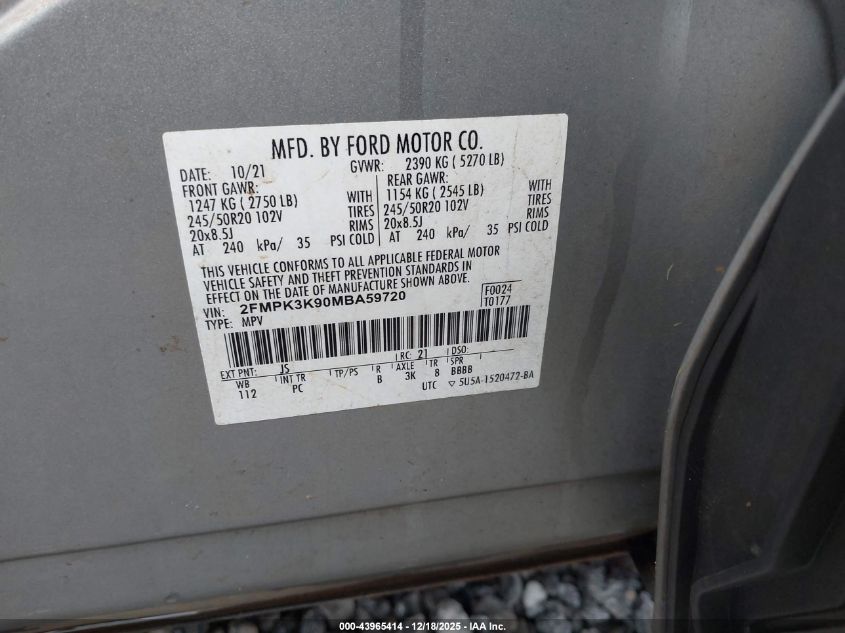 2021 Ford Edge Titanium VIN: 2FMPK3K90MBA59720 Lot: 43965414