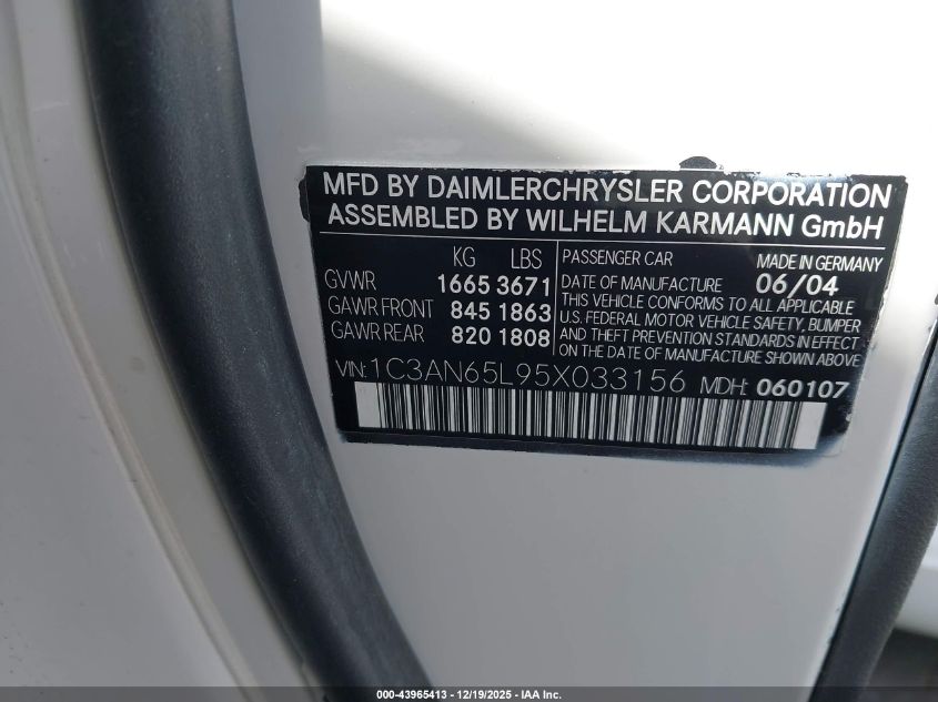 2005 Chrysler Crossfire VIN: 1C3AN65295X033156 Lot: 43965413