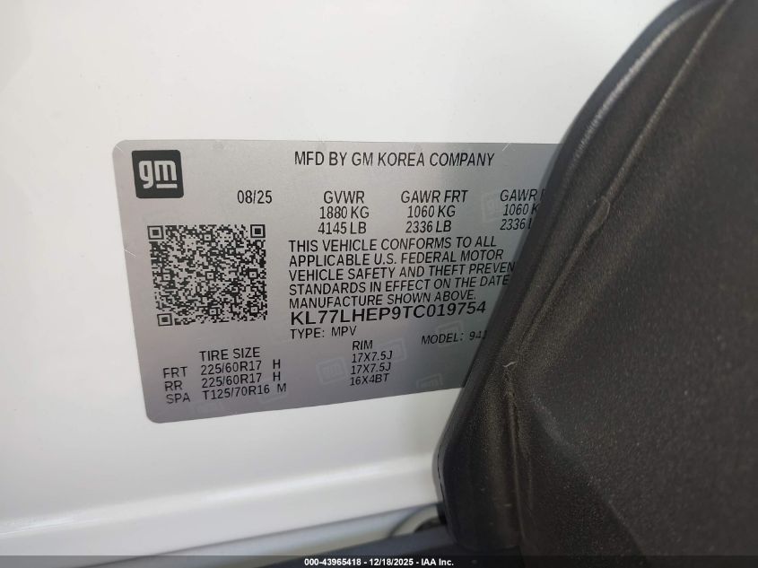 2026 Chevrolet Trax Fwd Lt VIN: KL77LHEP9TC019754 Lot: 43965418