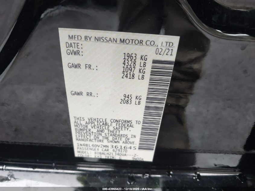 2021 Nissan Altima Sv Fwd VIN: 1N4BL4DV2MN361645 Lot: 43965423
