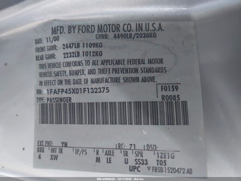 2001 Ford Mustang Gt VIN: 1FAFP45X01F132375 Lot: 43965428