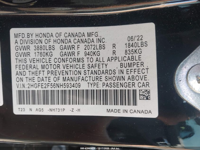 2022 Honda Civic Sport VIN: 2HGFE2F56NH593409 Lot: 43965429