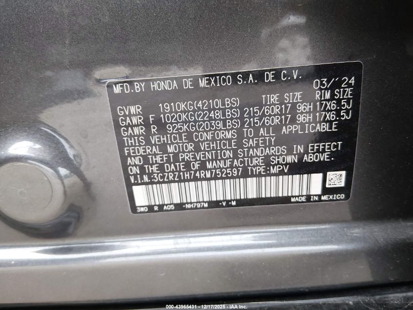 2024 Honda Hr-V 2Wd Ex-L/2Wd Ex-L W/O Bsi VIN: 3CZRZ1H74RM752597 Lot: 43965431