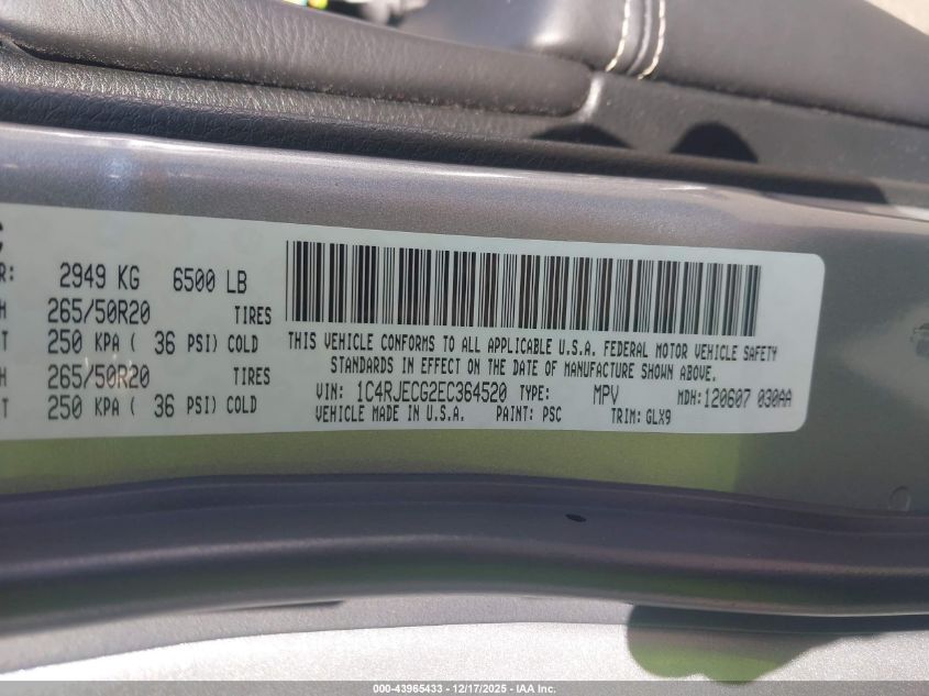 2014 Jeep Grand Cherokee Overland VIN: 1C4RJECG2EC364520 Lot: 43965433