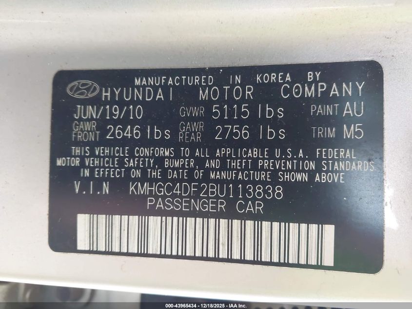 2011 Hyundai Genesis 4.6 VIN: KMHGC4DF2BU113838 Lot: 43965434