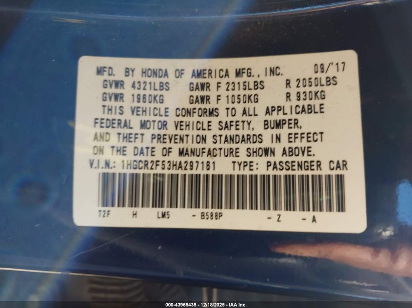 2017 Honda Accord Sport VIN: 1HGCR2F53HA297161 Lot: 43965435
