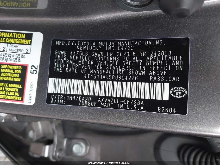 2023 Toyota Camry Se VIN: 4T1G11AK5PU804276 Lot: 43965439