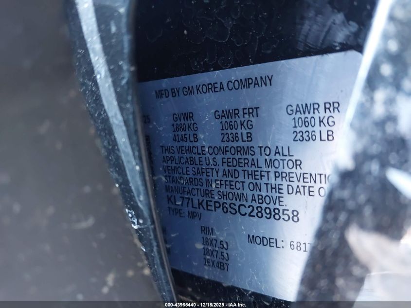 2025 Chevrolet Trax Fwd Activ VIN: KL77LKEP6SC289858 Lot: 43965440