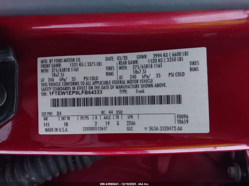 2020 Ford F-150 Xlt VIN: 1FTEW1EP9LFB64333 Lot: 43965441