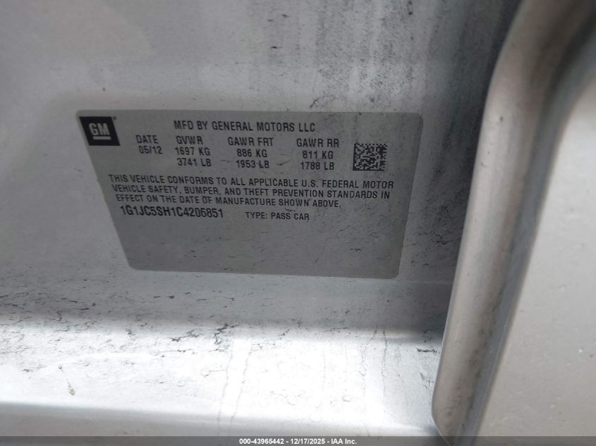 2012 Chevrolet Sonic 2Lt VIN: 1G1JC5SH1C4206851 Lot: 43965442