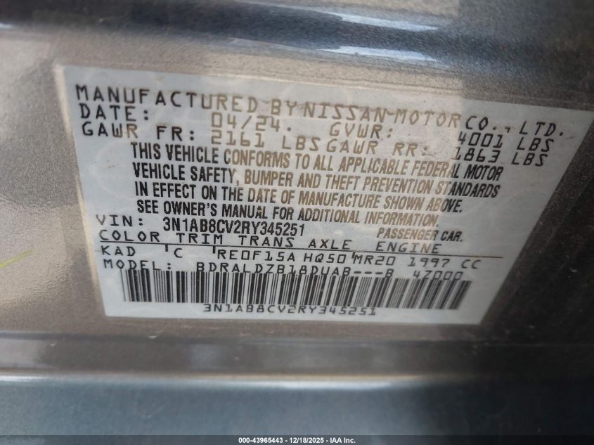 2024 Nissan Sentra Sv Xtronic Cvt VIN: 3N1AB8CV2RY345251 Lot: 43965443