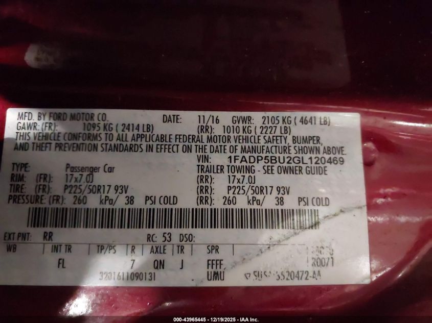 2016 Ford C-Max Hybrid Sel VIN: 1FADP5BU2GL120469 Lot: 43965445