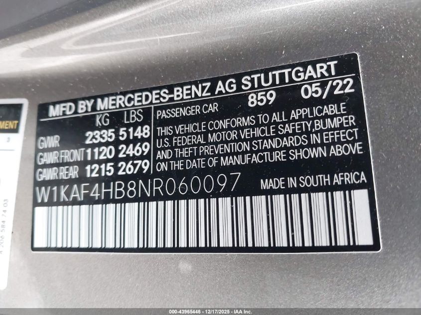 2022 Mercedes-Benz C 300 4Matic VIN: W1KAF4HB8NR060097 Lot: 43965446