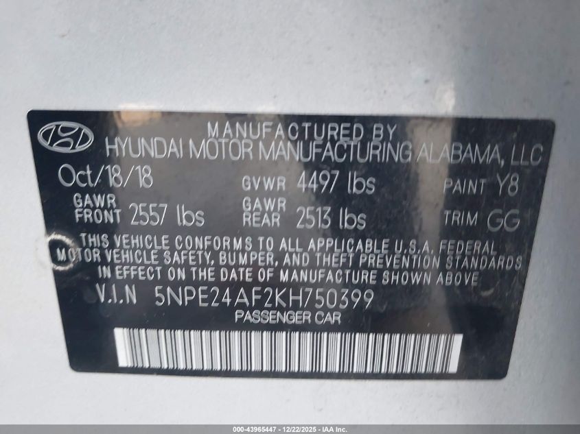 2019 Hyundai Sonata Se VIN: 5NPE24AF2KH750399 Lot: 43965447