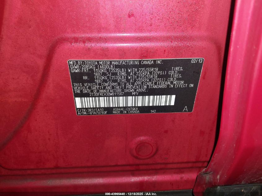 2013 Toyota Rav4 Limited VIN: 2T3DFREV3DW011567 Lot: 43965448