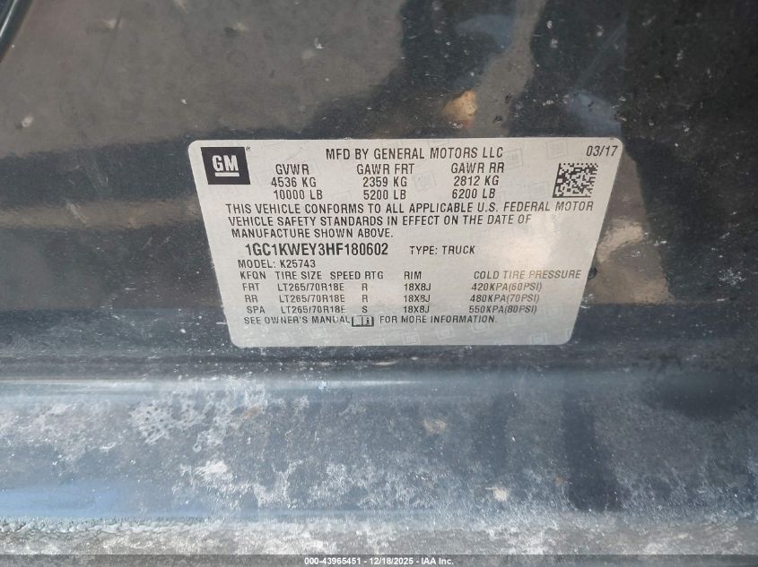 2017 Chevrolet Silverado 2500Hd Ltz VIN: 1GC1KWEY3HF180602 Lot: 43965451