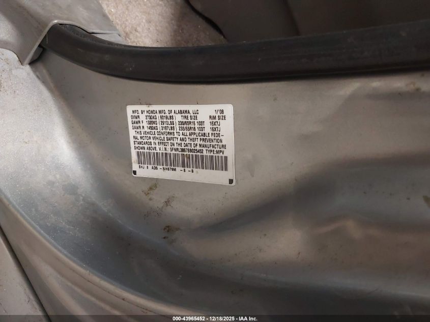 2008 Honda Odyssey Ex-L VIN: 5FNRL38678B025452 Lot: 43965452