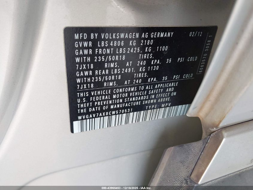 2012 Volkswagen Tiguan Se VIN: WVGAV7AX8CW570531 Lot: 43965453