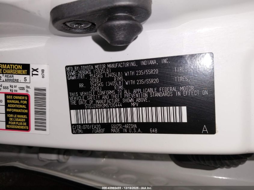 2021 Toyota Highlander Xse VIN: 5TDJZRBH3MS120444 Lot: 43965459