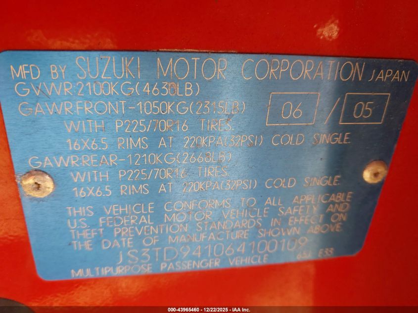 2006 Suzuki Grand Vitara VIN: JS3TD941064100109 Lot: 43965460